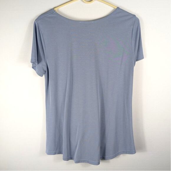 Moa Moa L Blue Crisscross V-Neck Twist Front Top Short Sleeve Soft Stretch Tee - Picture 5 of 5